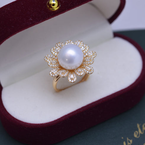 11-12mm Freshwater Pearl Cubic Zirconia Floral Ring - House Of Pearls